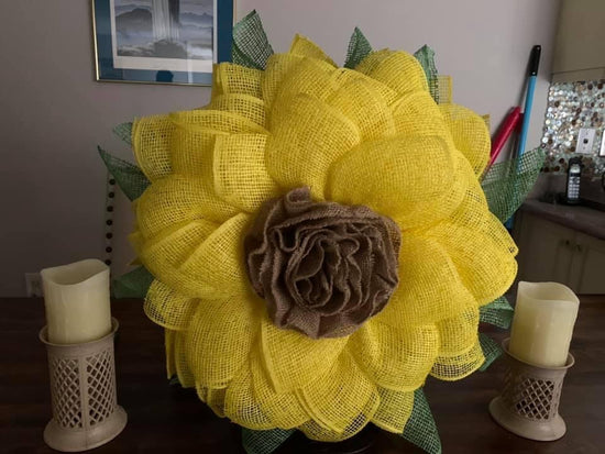 Sunflower wreath, sunflower centerpiece, yellow poly burlap wreath, small business owner